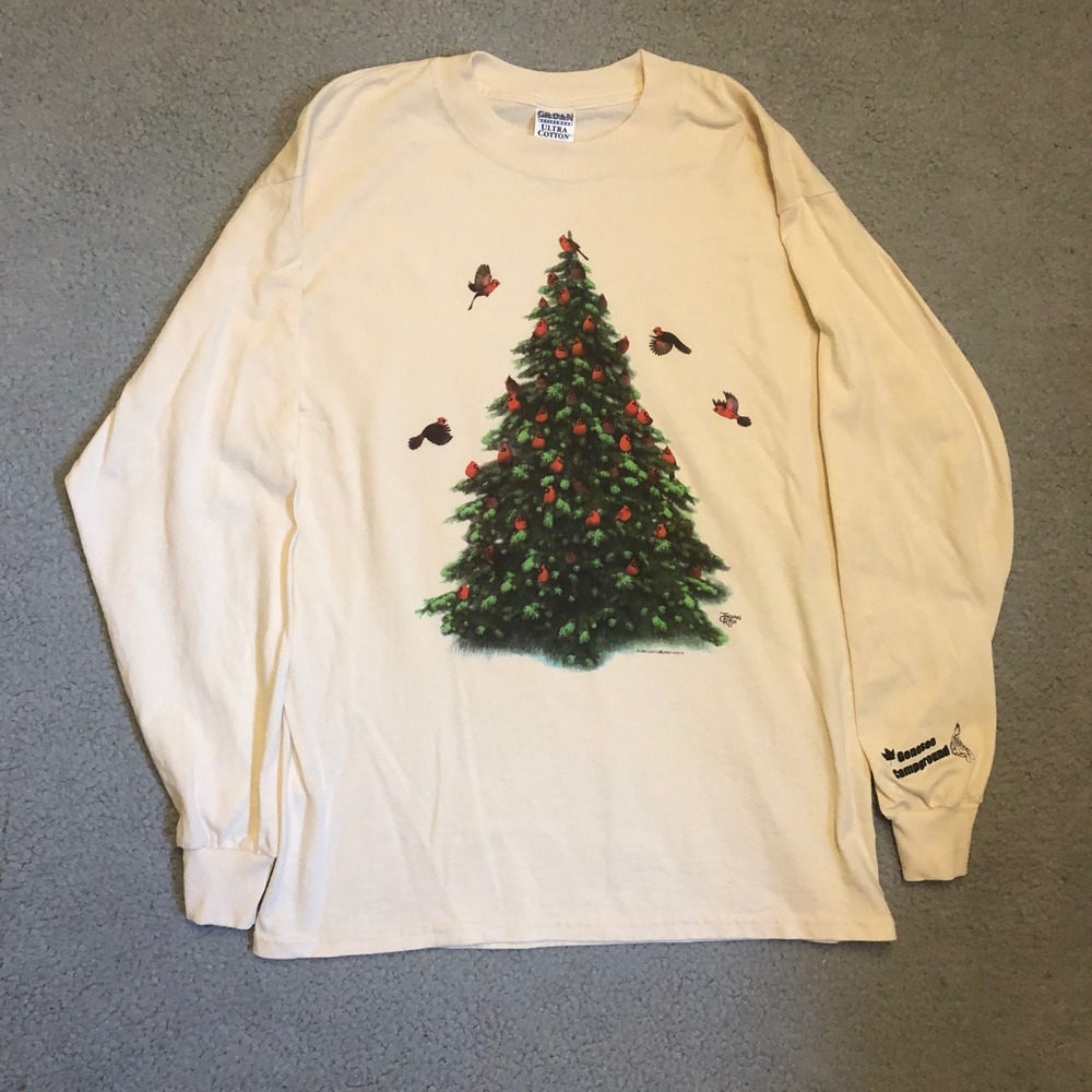 90s Vtg 1998 Earth Sun Moon Cardinal‎ Christmas Tree L/S Shirt Mens Large Cream
